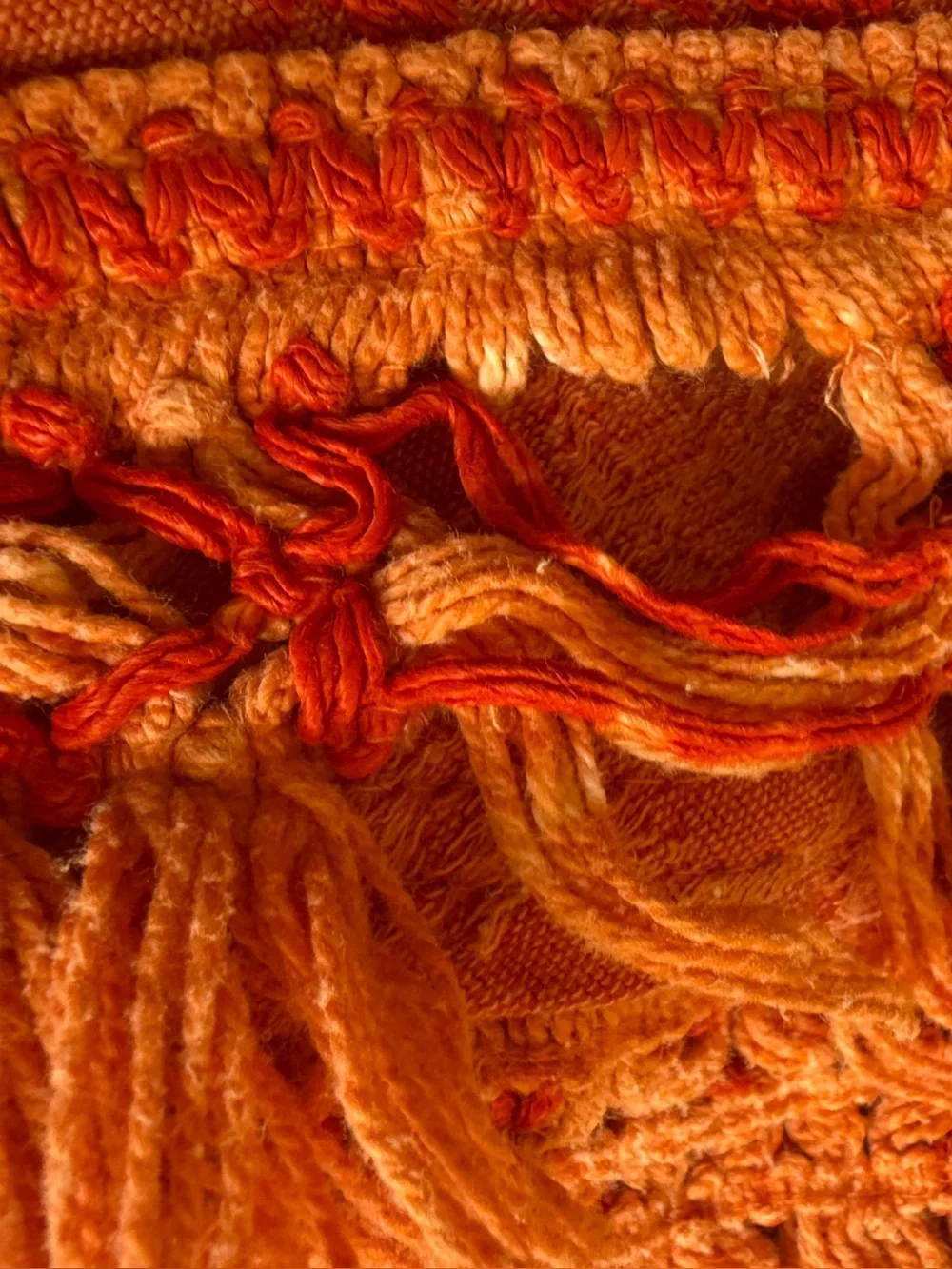 Vintage Bates pumpkin orange woven jacquard fringe bedspread Double size AS IS